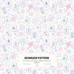 May include: Seamless pattern featuring a repeating design of Mahjong tiles, flowers, clouds, and other Asian-inspired elements in pastel colors. The text "SEAMLESS PATTERN" is displayed at the bottom of the image. The pattern is 12 inches by 12 inches.