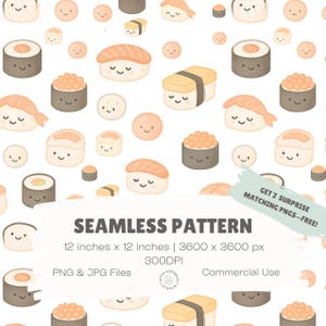 Kawaii Sushi Seamless Pattern – Cute Nigiri, Rolls & Wasabi Faces – Pastel Digital Paper for Stationery, Fabric, Stickers