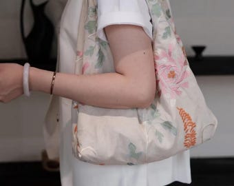 Borsa a tracolla Hobo con ricamo Lotus Moon / Borsa a spalla in cotone e lino con motivo floreale, borsa tote vintage
