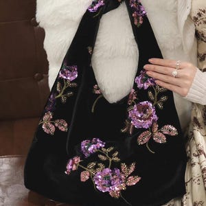 Velvet Sequin Rose Hobo Bag – Handmade Oriental Inspired Shoulder Purse