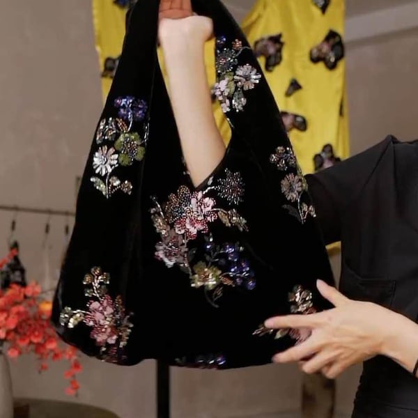 French Bead Embroidery Velvet Shoulder Bag | Oriental Sequin Hobo Bag