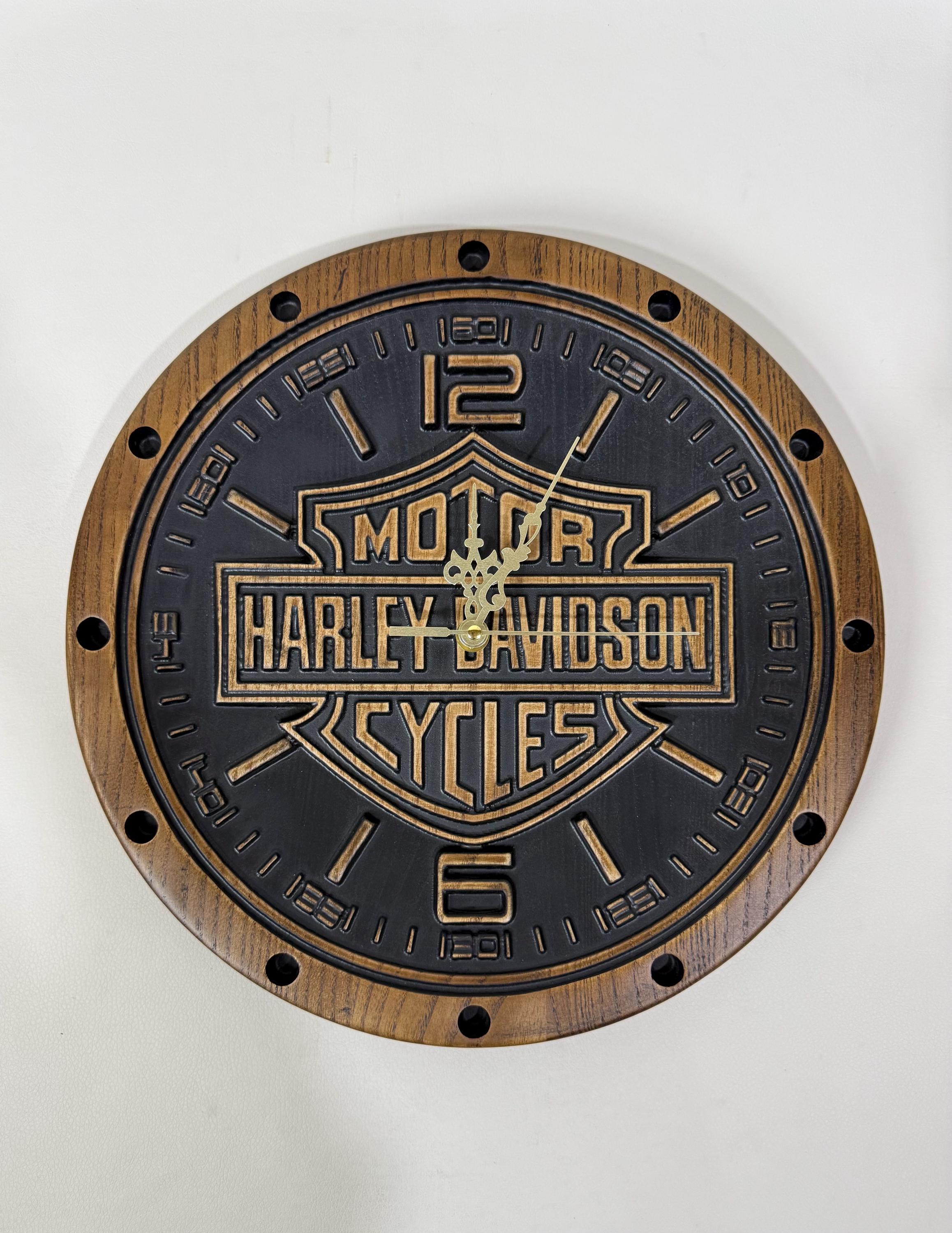 Harley Davidson Hand Carved Ash Wood Clock, Biker Motorcycle Decor