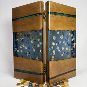 Handmade Ash Wood Backgammon Set – Ocean Resin Board with Sea Shells, Luxury Game