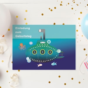 Einladung Kindergeburtstag, Einladungskarte Postkarte Motiv "U-Boot" Geburtstag Jungen Einladung Papeterie Incl. Umschlag