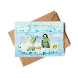 Kinder Geburtstagskarte, Glückwunschkarte, Postkarte, Jungen Mädchen Geburtstagsfeier, Papeterie, Motiv Eisbär Pinguin