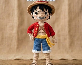 Luffy Häkelpuppe | Anime Amigurumi Spielzeug | One Piece inspiriert Geschenk | Süßes Anime Plüschtier | Handgemachte gehäkelte Figur | Anime Fan Dekor | L45M