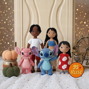 Stitch and Lilo Crochet Doll Set, Disney Movie Amigurumi Figures, Stuffed Alien Plush Toy, Unique Amigurumi Gift, Soft Crochet Plush image 1