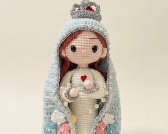 Handgemachte häkeln Jungfrau Maria Puppe, gesegnete Mutter Amigurumi, blau weiß Silber Trim