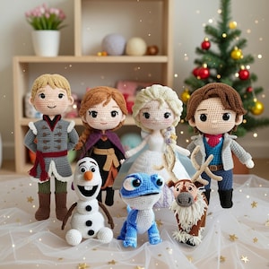 Conjunto de personajes de Frozen de Disney, Elsa, Anna, Olaf, Kristoff, Sven Amigurumi, Muñecas de crochet de películas de Disney, Muñeca de cumpleaños infantil de Elsa, Princesa Amigurumi imagen 1