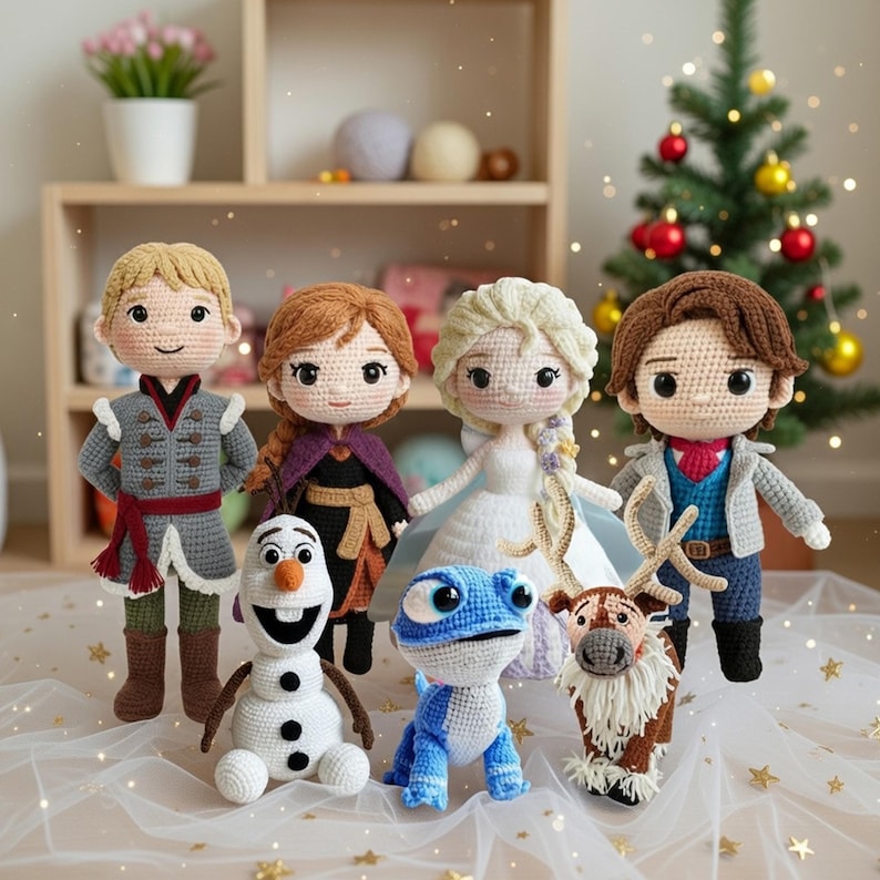 Conjunto de personajes de Frozen de Disney, Elsa, Anna, Olaf, Kristoff, Sven Amigurumi, Muñecas de crochet de películas de Disney, Muñeca de cumpleaños infantil de Elsa, Princesa Amigurumi imagen 1