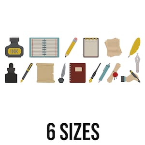 May include: A collection of writing tools and stationery items, including ink bottles, notebooks, pencils, pens, a feather quill, and a hand holding a pen. The text "6 SIZES" is displayed at the bottom of the image.