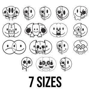 May include: A collection of black and white graphic designs featuring smiley faces and skulls. Some designs are split, revealing a skull, while others combine multiple faces. The text "7 SIZES" is displayed at the bottom.