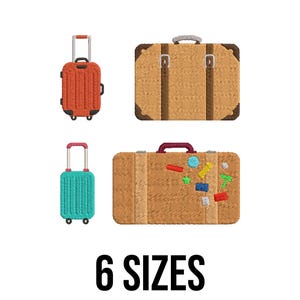 May include: An illustration of four suitcases in various styles. Two are upright rolling suitcases, one orange and one teal. The other two are classic rectangular suitcases, one with stickers. The text "6 SIZES" is at the bottom.
