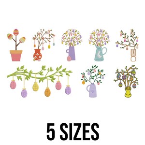 May include: A collection of Easter-themed embroidery designs featuring colorful eggs and floral arrangements in vases and pots. The designs include a variety of styles, with the text "5 SIZES" displayed below the images.