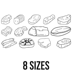 May include: Black and white line art illustration of various cuts of meat, including steaks, roasts, and chops. The text "8 SIZES" is displayed below the meat illustrations, indicating size options.