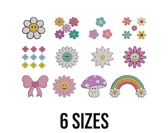 Set of Flower Embroidery Design - Cute Smiley Daisy Flower Head Embroidery Design - Floral Rainbow Machine Embroidery Design Files - 6 Sizes