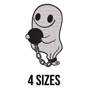 May include: An embroidery design featuring a light grey ghost character with a smiling face, holding a black ball and chain attached to its ankle. The design is outlined in black thread and includes the text 4 SIZES at the bottom in black.