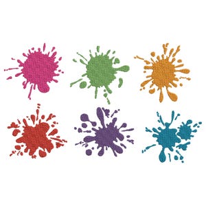 May include: Six colorful paint splatters in shades of pink, green, orange, red, purple, and teal against a white background. Each splatter has a unique shape and texture, suggesting a textured canvas or paper.
