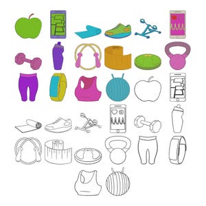 May include: A selection of fitness and health icons, including a green apple, a smartphone, a yoga mat, trainers, an exercise bike, a dumbbell, a water bottle, a skipping rope, a measuring tape, a scale, a kettlebell, and a fitness tracker.