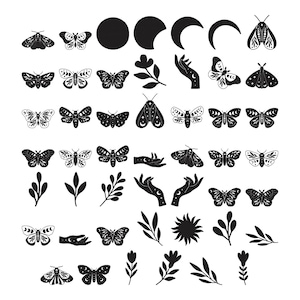 May include: A collection of black and white illustrations featuring moths, butterflies, phases of the moon, hands, leaves, flowers, and a sunburst. The designs are detailed and stylized, perfect for crafting or decorative purposes.
