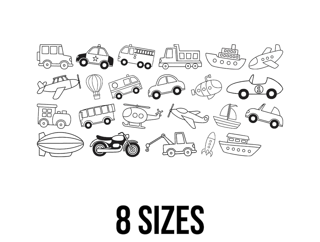 Mini Vehicles Outline Embroidery Design - Mini Sports Cars Police Car ...