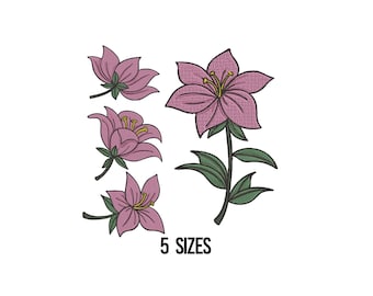 Lilies Flowers Embroidery Design - Flower Embroidery, Design - Lilly Flower with Leaves Bundle Machine Embroidery Design Files - 5 Sizes
