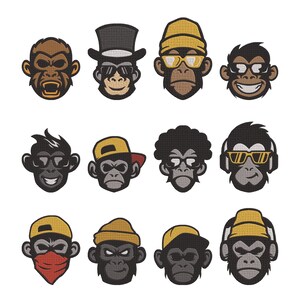Puede incluir: Una colección de doce parches bordados de cabezas de mono con diversas expresiones y accesorios, incluyendo sombreros de copa, gorros amarillos, gafas de sol, auriculares y un pañuelo rojo, en tonos marrón, negro y amarillo.