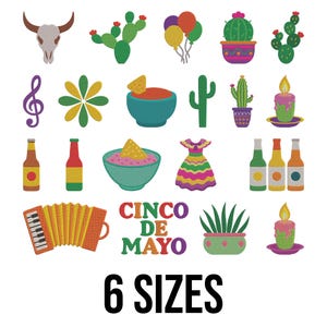 Puede incluir: Una colección de ilustraciones coloridas con temática del Cinco de Mayo, que incluyen una calavera, cactus, globos, notas musicales, flores, comida, un vestido, botellas, un acordeón y velas. También está presente el texto "CINCO DE MAYO" y "6 TAMAÑOS".