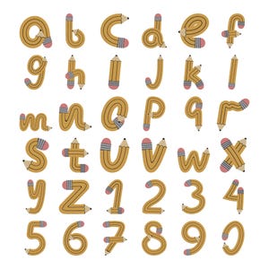 May include: A complete set of lowercase letters and numbers zero through nine, each character creatively formed from yellow wooden pencils with visible graphite tips and pink erasers at the ends, arranged in a grid against a plain white background.