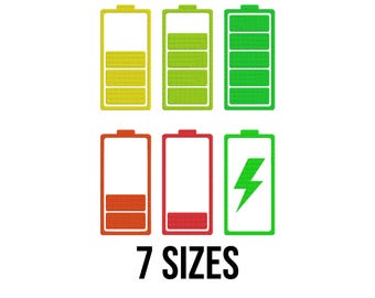Battery Embroidery Design- Low Battery Embroidery- Full Power Charged Battery Embroidery- Batteries Machine Embroidery Design Files -7 Sizes