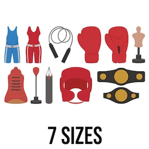 May include: An assortment of boxing equipment, including red gloves, headgear, and a punching bag. Also shown are boxing shorts and tank tops in blue and red, a jump rope, a punching dummy, and championship belts. The text "7 SIZES" is displayed below.