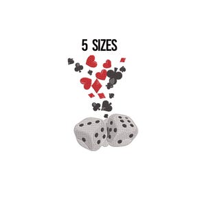 Desenhos de bordado de dados da sorte com mini corações, arquivo de desenho de bordado de jogos de azar, desenho de bordado de jogos de azar, desenho de bordado de cartas, 5 tamanhos