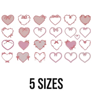 May include: A collection of heart-shaped designs in various styles and shades of pink and red, some with bows and decorative stitching. The text "5 SIZES" is displayed in black at the bottom of the image.