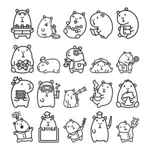May include: A collection of black and white cartoon illustrations of hamsters in various scientific and academic settings. Hamsters are depicted with lab equipment, books, and graduation caps, suggesting themes of science, learning, and education.