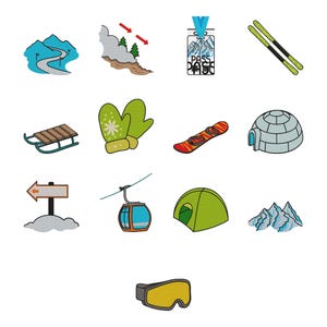 Puede incluir: Una colección de parches bordados con temática invernal que incluye una cordillera azul, una ladera nevada con flechas rojas, un pase de esquí, esquís verdes, un trineo de madera, manoplas de color verde lima, una tabla de snowboard roja y un iglú.