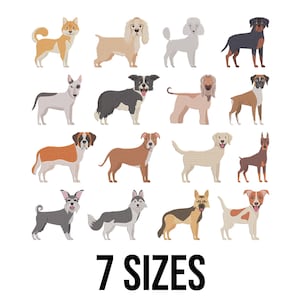 May include: An illustration featuring various dog breeds, including a Shiba Inu, poodle, and husky. The image includes the text "7 SIZES" in a bold, black font, indicating size options for the product.