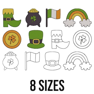 Könnte beinhalten: Eine Sammlung von Illustrationen zum St. Patrick's Day, darunter ein grüner Leprechaun-Stiefel, ein Goldtopf, eine irische Flagge, ein Regenbogen, eine Goldmünze mit einem Kleeblatt und ein grüner Hut. Der Text "8 SIZES" ist darunter abgebildet.