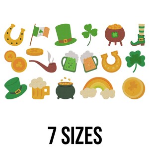 Könnte beinhalten: Eine Sammlung von Illustrationen zum Thema St. Patrick's Day, darunter ein Hufeisen, die irische Flagge, ein grüner Hut, ein Kleeblatt, ein Goldtopf, ein Leprechaun-Stiefel, Bierkrüge, ein Regenbogen und eine Goldmünze. Der Text "7 GRÖSSEN" wird angezeigt.