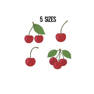May include: A digital illustration of red cherries with green stems and leaves arranged in four distinct groupings. The text 5 SIZES is printed in black at the top center. The cherries are depicted in various configurations, including pairs and a cluster.