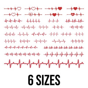 May include: A collection of red heart and heartbeat line designs in various styles. The image features multiple rows of heart rate patterns, some with heart icons. The text "6 SIZES" is displayed in bold, black font at the bottom of the image.