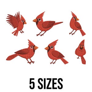 May include: A collection of six embroidered red cardinal bird designs in various poses. The birds have detailed features, including beaks, eyes, and feathers. The text "5 SIZES" is displayed in a bold, black font below the birds, indicating size options.