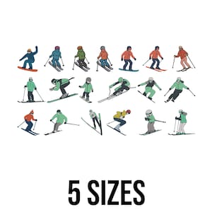 Op de afbeelding: Illustratie van skiërs en snowboarders in actie, gekleed in kleurrijke winterkleding. De afbeelding bevat de tekst "5 MATEN" in zwart, wat wijst op maatopties voor een product gerelateerd aan wintersport.