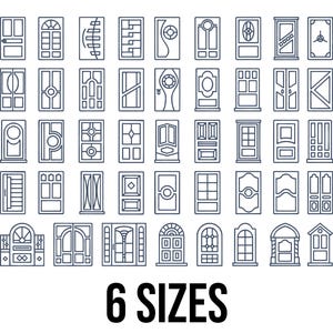 Op de afbeelding: Een verzameling van 48 lijntekening deurontwerpen in verschillende stijlen, van klassiek tot modern. De deuren zijn omlijnd in donkerblauw tegen een witte achtergrond. De tekst "6 SIZES" staat in vette zwarte letters onderaan de afbeelding.