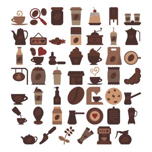 May include: A collection of flat vector icons featuring coffee-related items in shades of brown, including coffee beans, cups, mugs, pots, grinders, machines, pastries, and bags, arranged in a grid pattern on a plain white background.