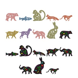 May include: A collection of animal-shaped cutouts, including a bear, fish, monkey, fox, cheetah, pig, dog, elephant, and rabbit. Each cutout is decorated with floral patterns in various colors, set against a white background.