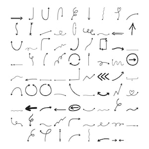 May include: A collection of hand-drawn black arrows in various shapes and directions on a white background. The arrows include straight, curved, spiral, and heart-shaped designs, suitable for graphic design or illustration.