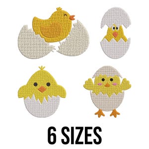 May include: Embroidered designs of yellow chicks hatching from white eggs. The image features four different chick and egg designs, with the text "6 SIZES" in black at the bottom. The chicks have orange beaks and feet.