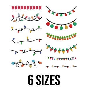 May include: A collection of festive string lights and banners in various designs and colors, including red, green, yellow, and blue. The image includes the text "6 SIZES" in a bold, black font, indicating different size options.