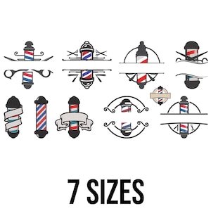 Peut inclure: Plusieurs modèles de poteaux de barbier, avec des rayures rouges, blanches et bleues. L'image comprend le texte "7 SIZES" en gras noir, indiquant différentes options de tailles pour les motifs.