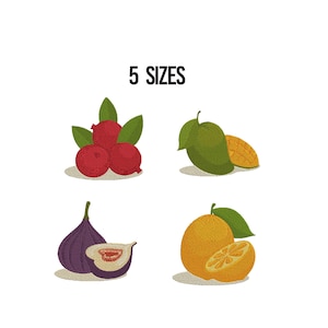 May include: An illustration featuring four different types of fruit: cranberries, mangoes, figs, and oranges. Each fruit is depicted with detailed shading and accompanied by green leaves. The text "5 SIZES" is displayed at the top.